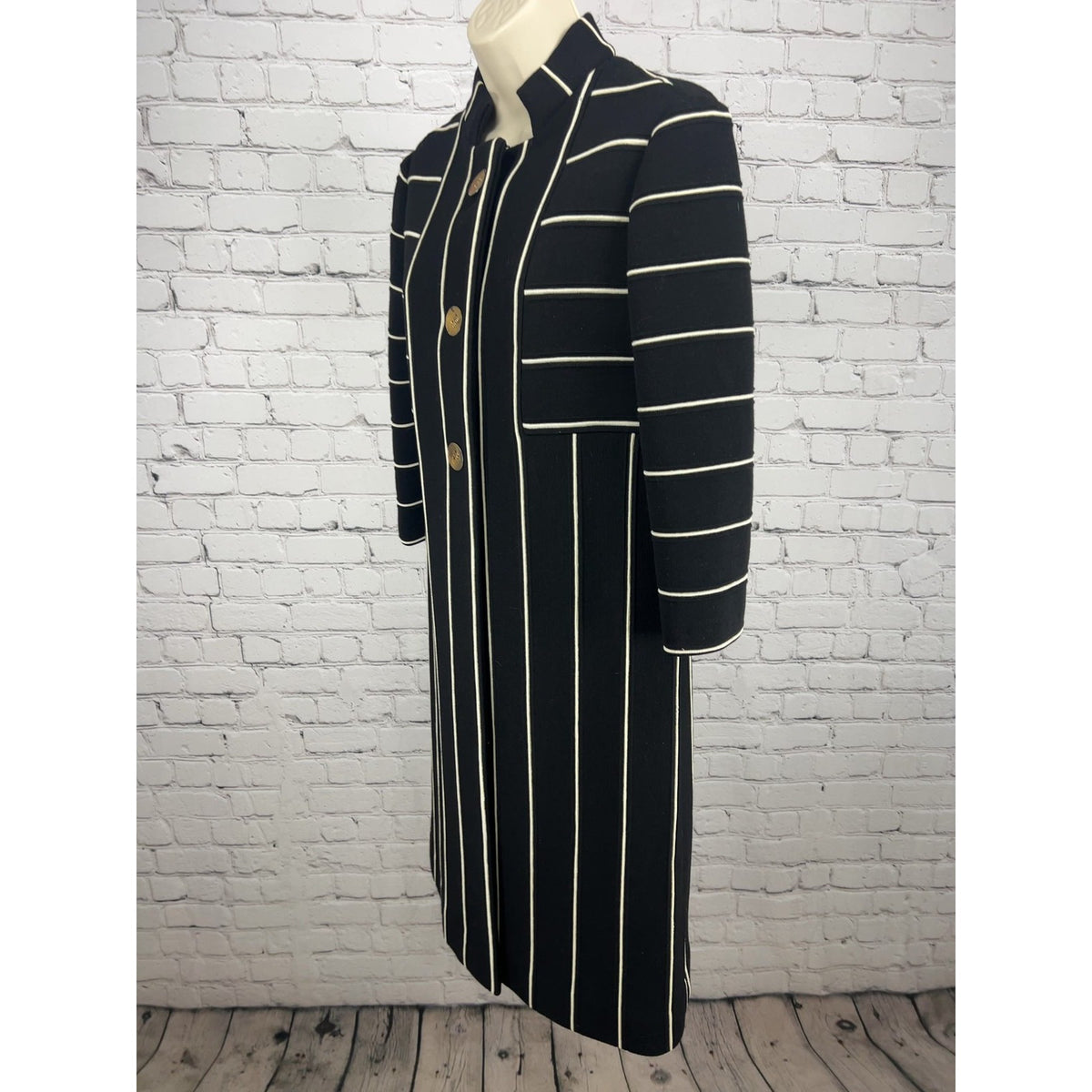 VTG St Andrews Black White Striped 100% Wool Knit Button Front Duster Coat 12