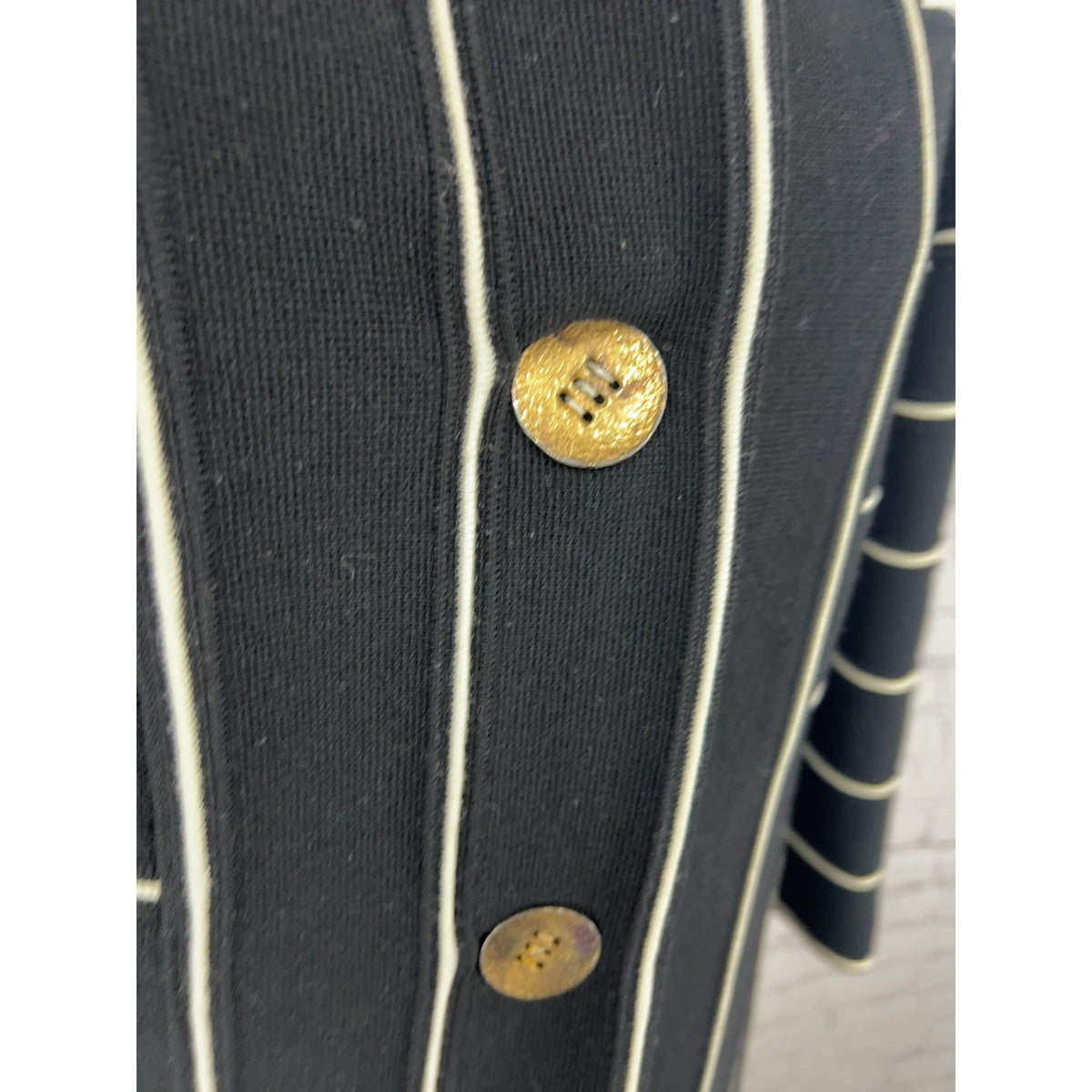 VTG St Andrews Black White Striped 100% Wool Knit Button Front Duster Coat 12