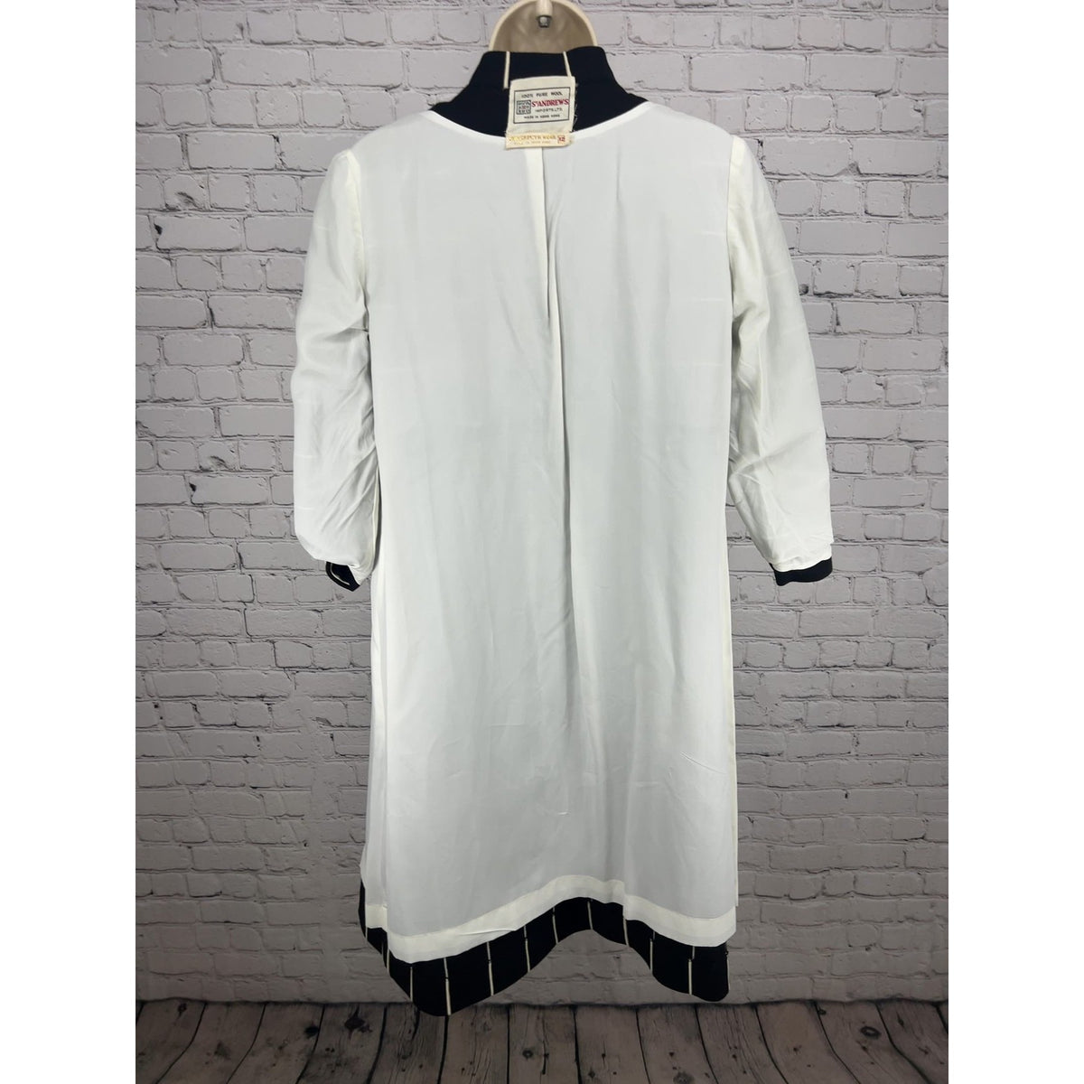 VTG St Andrews Black White Striped 100% Wool Knit Button Front Duster Coat 12