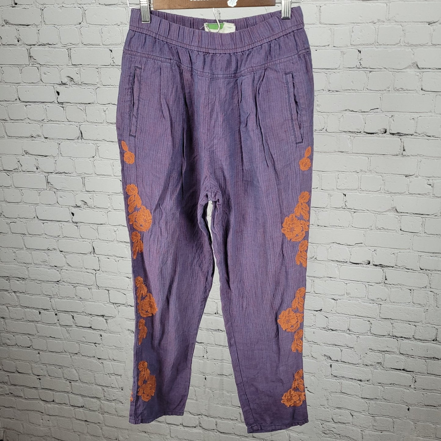 Anthropologie Purple Linen Embroidered Elastic Waist Pants Size XS (25x25.5)