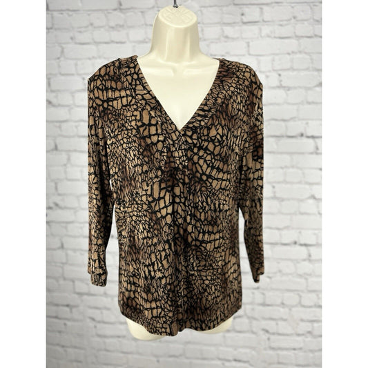 Chicos Travelers Brown Snake Print Stretch V-Neck 3/4 Sleeve Blouse USA Small S