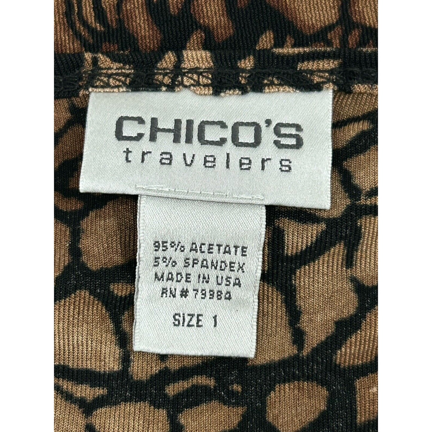 Chicos Travelers Brown Snake Print Stretch V-Neck 3/4 Sleeve Blouse USA Small S