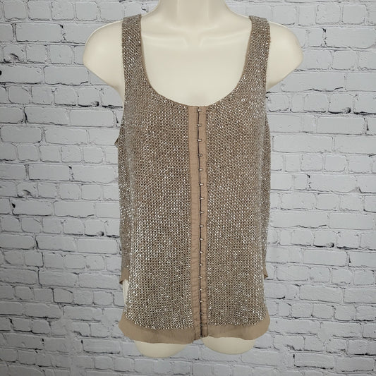 Renzo + Kai Brown 100% Silk Heavy Beaded Hook & Eye Lined Tank Top Size Small S