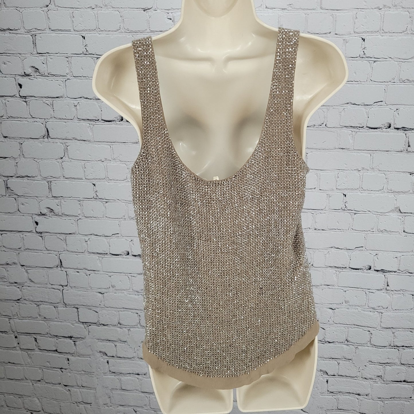 Renzo + Kai Brown 100% Silk Heavy Beaded Hook & Eye Lined Tank Top Size Small S
