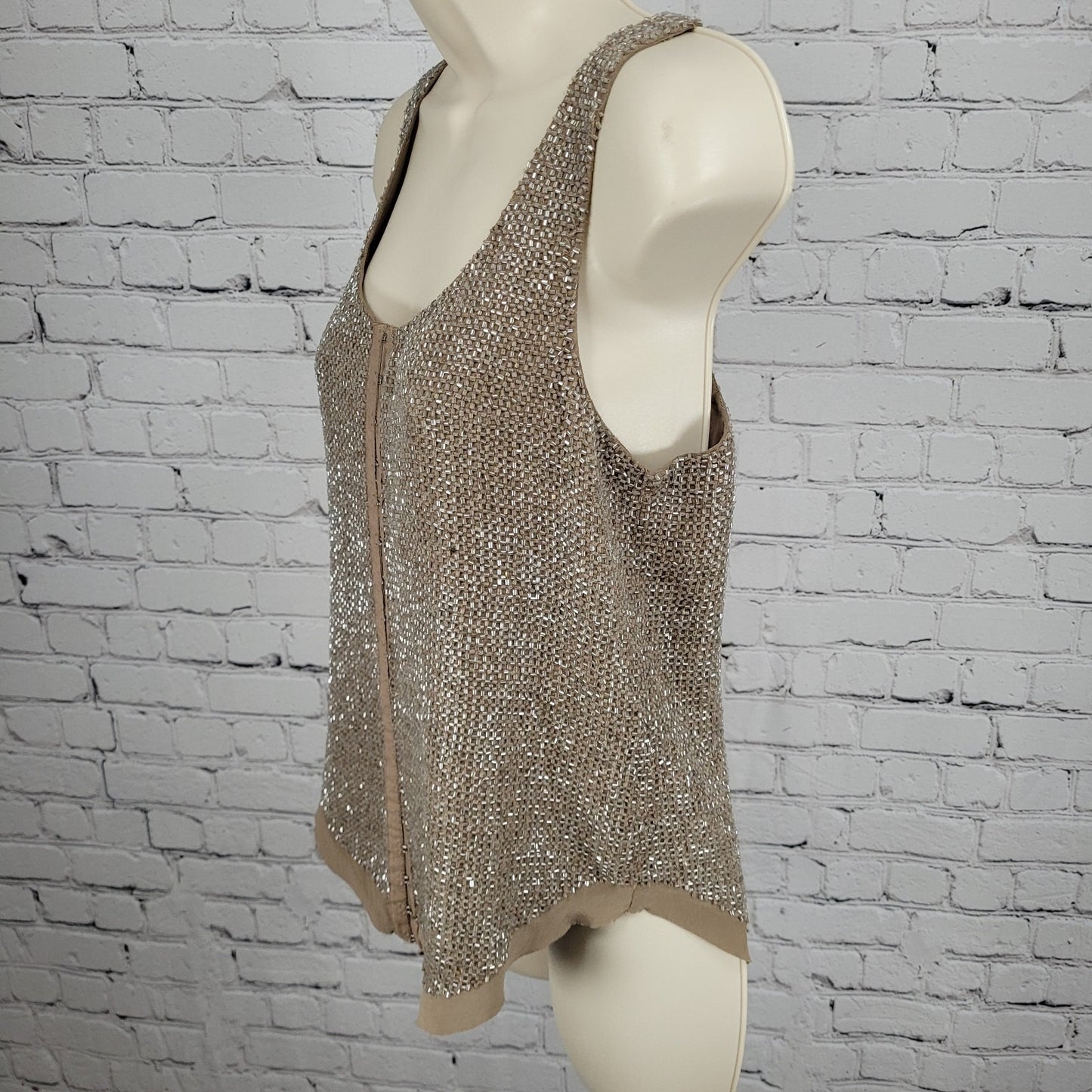 Renzo + Kai Brown 100% Silk Heavy Beaded Hook & Eye Lined Tank Top Size Small S