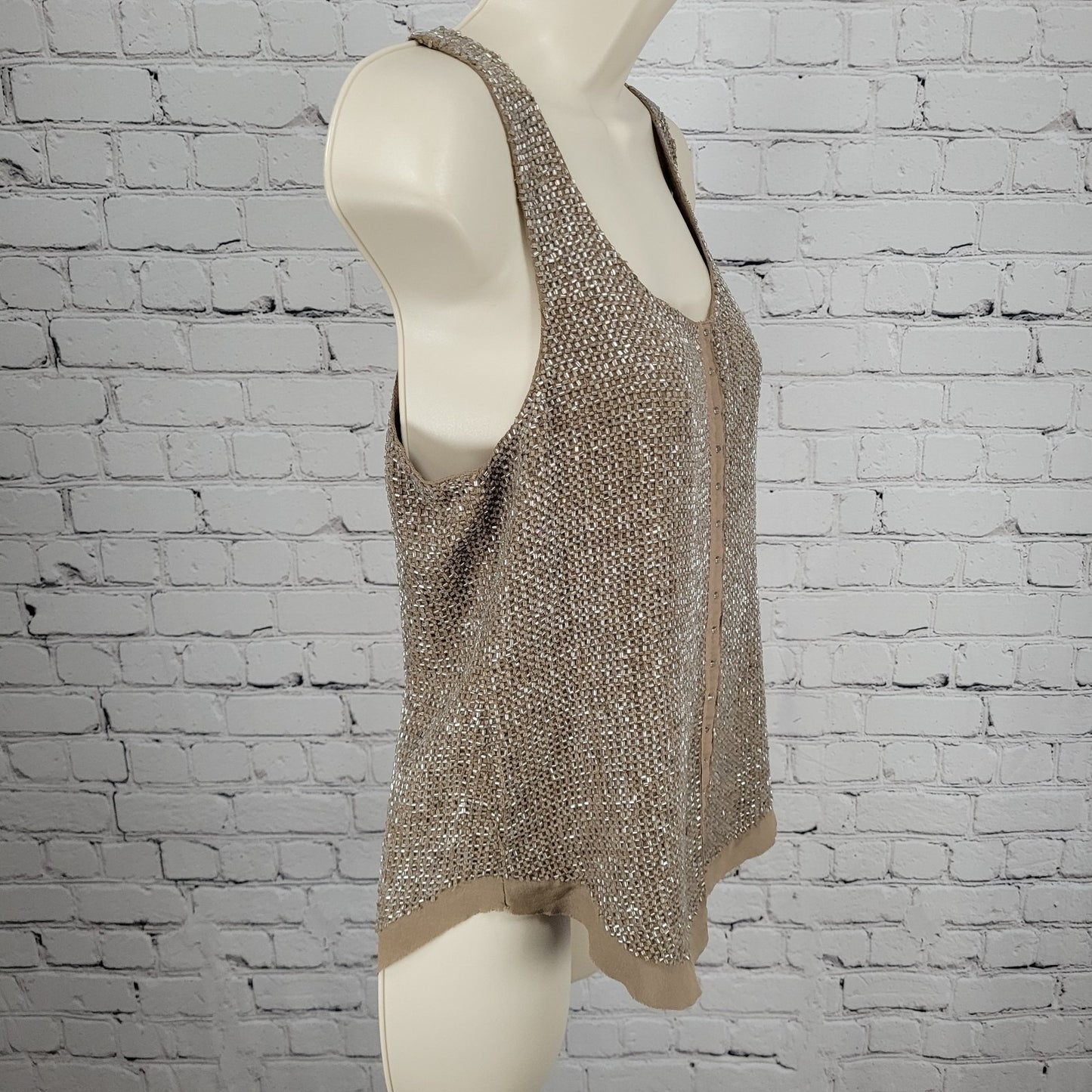 Renzo + Kai Brown 100% Silk Heavy Beaded Hook & Eye Lined Tank Top Size Small S
