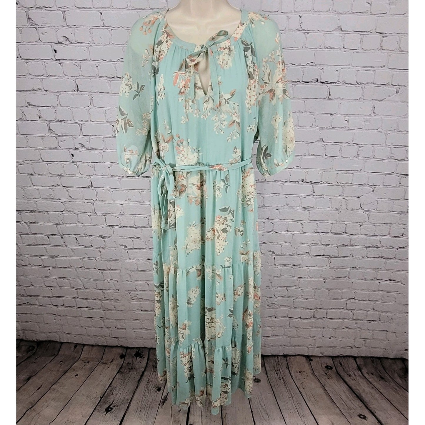 Motherhood Maternity Green Floral Chiffon Belted Lined Maxi Sun Dress Large L