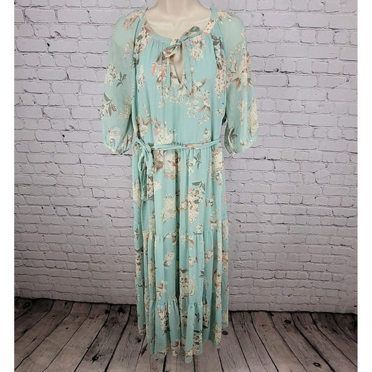 Motherhood Maternity Green Floral Chiffon Belted Lined Maxi Sun Dress Large L