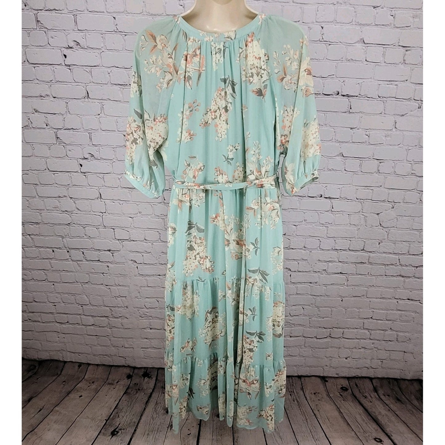 Motherhood Maternity Green Floral Chiffon Belted Lined Maxi Sun Dress Large L
