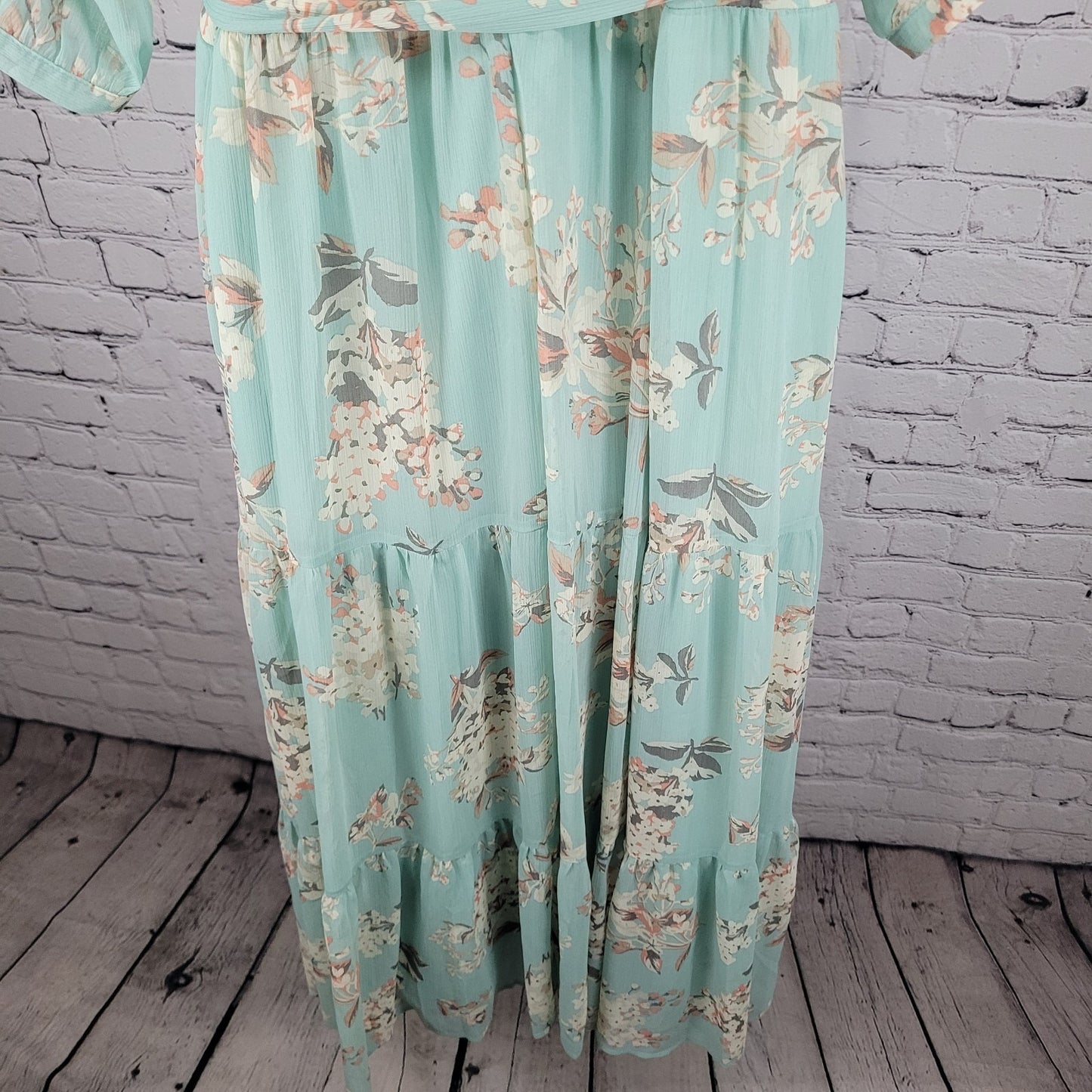 Motherhood Maternity Green Floral Chiffon Belted Lined Maxi Sun Dress Large L