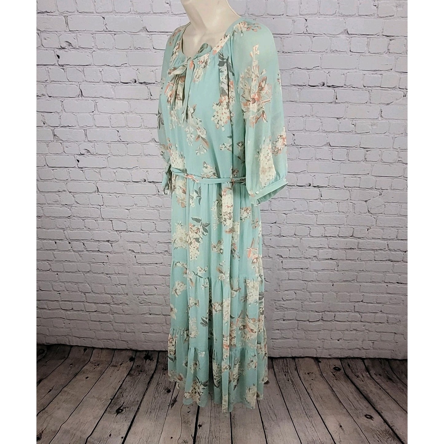 Motherhood Maternity Green Floral Chiffon Belted Lined Maxi Sun Dress Large L