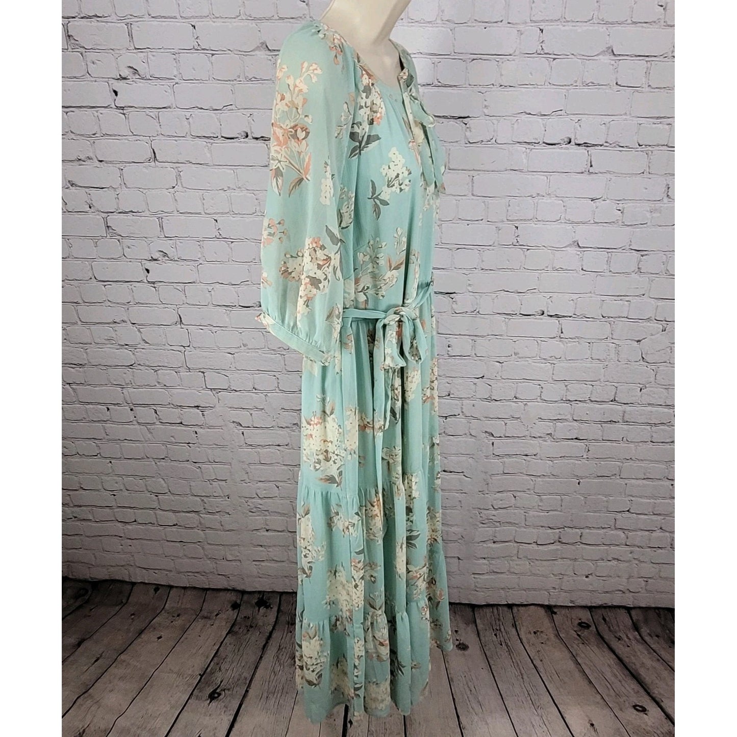 Motherhood Maternity Green Floral Chiffon Belted Lined Maxi Sun Dress Large L
