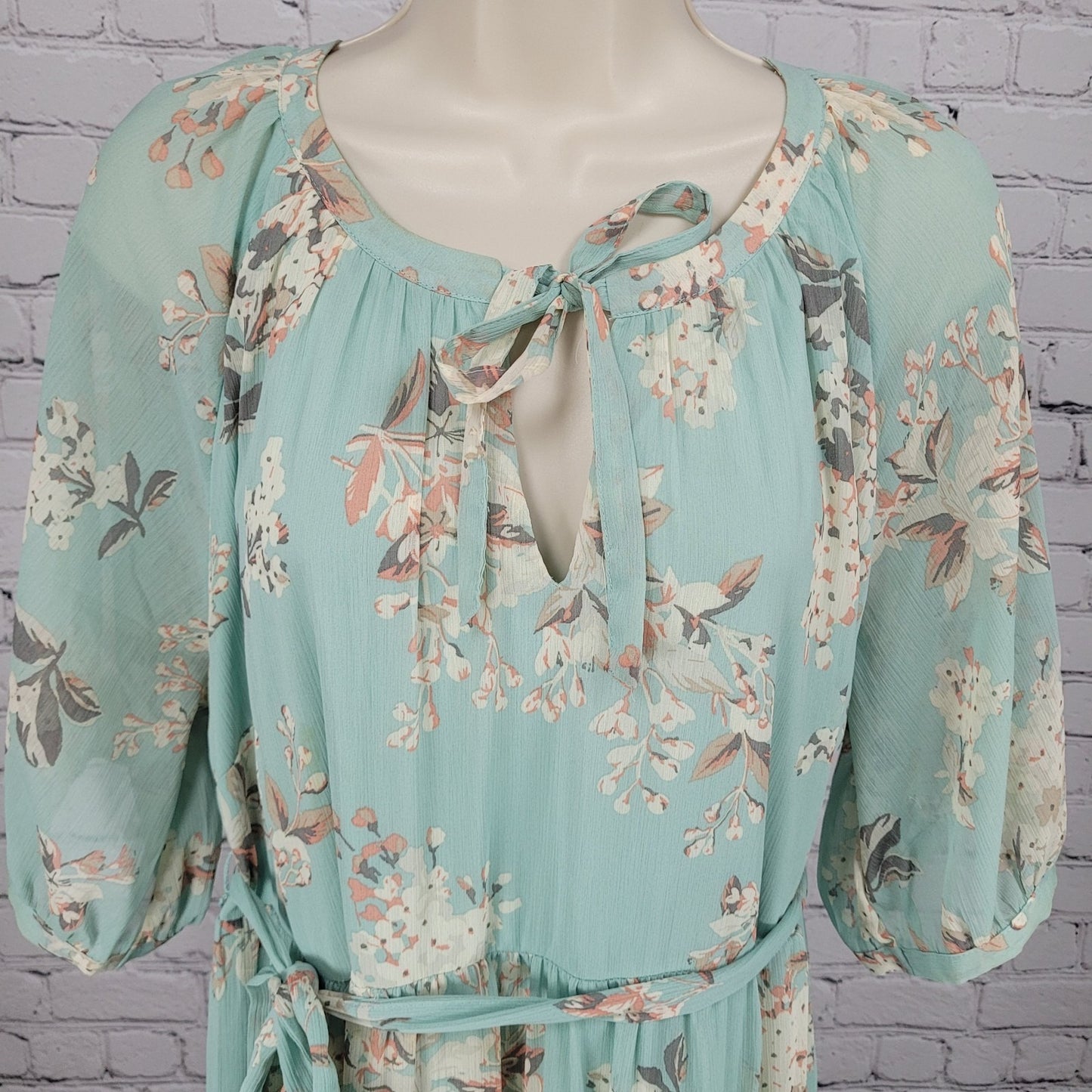 Motherhood Maternity Green Floral Chiffon Belted Lined Maxi Sun Dress Large L