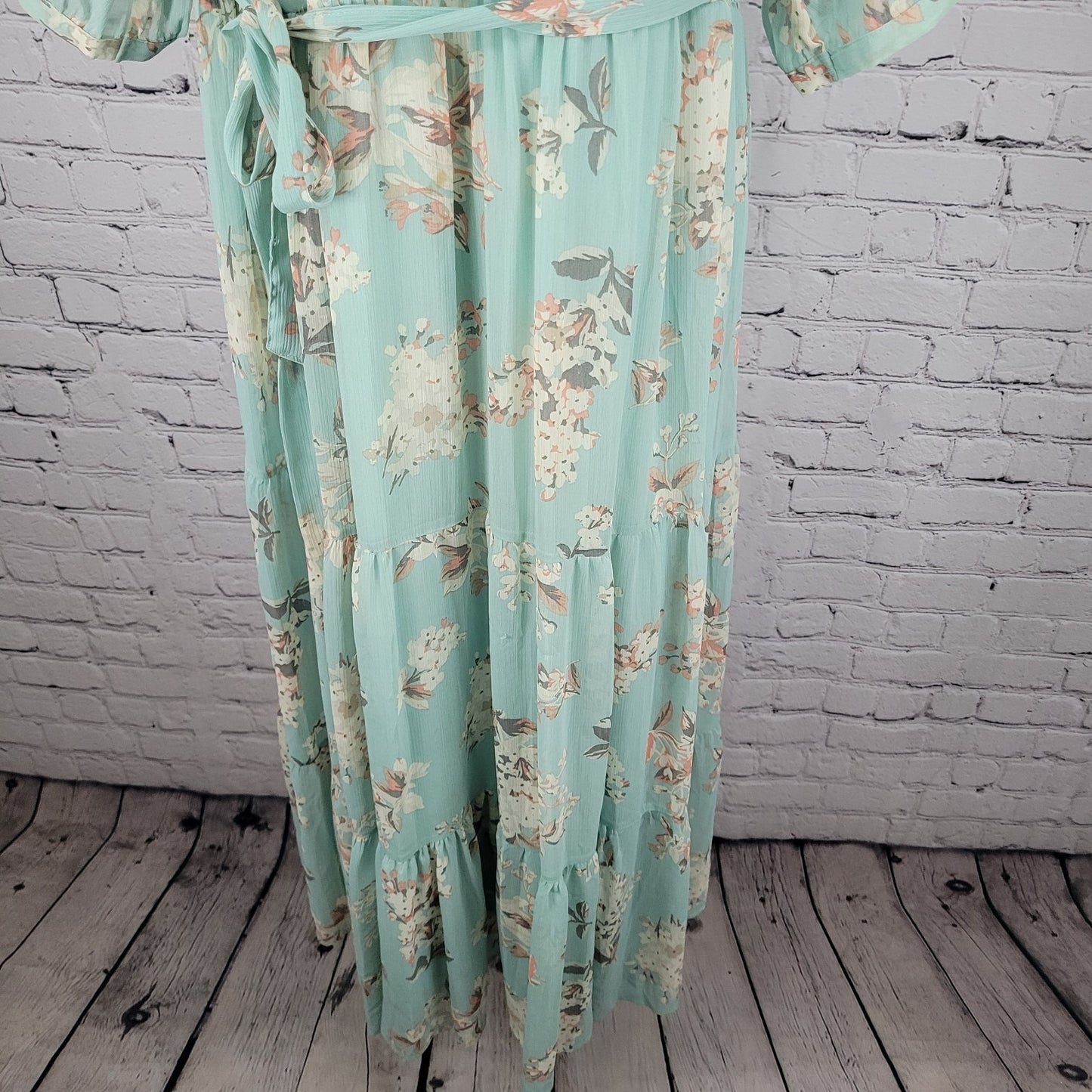 Motherhood Maternity Green Floral Chiffon Belted Lined Maxi Sun Dress Large L