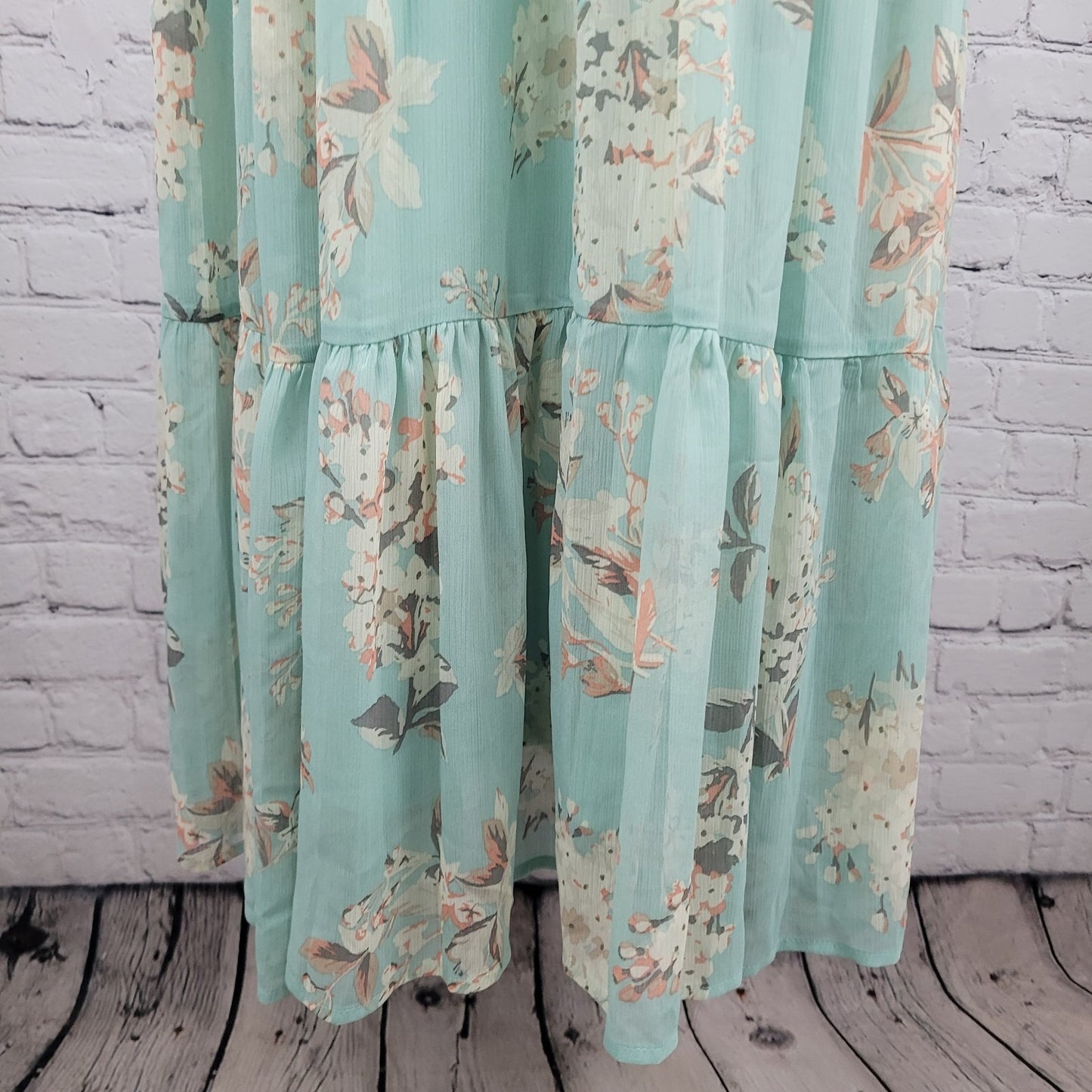 Motherhood Maternity Green Floral Chiffon Belted Lined Maxi Sun Dress Large L