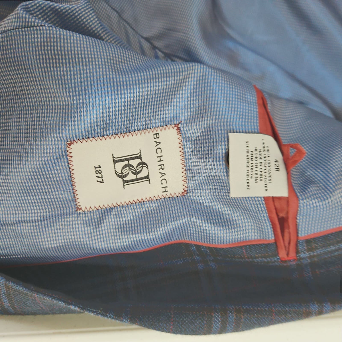 Bachrach Blue Gray Plaid 100% Wool 2 Button Notch Blazer Sport Coat 42R