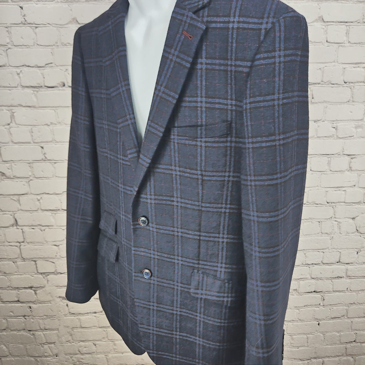 Bachrach Blue Gray Plaid 100% Wool 2 Button Notch Blazer Sport Coat 42R