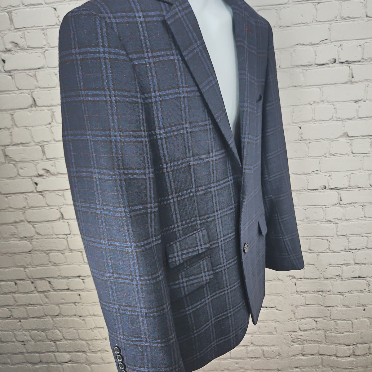 Bachrach Blue Gray Plaid 100% Wool 2 Button Notch Blazer Sport Coat 42R