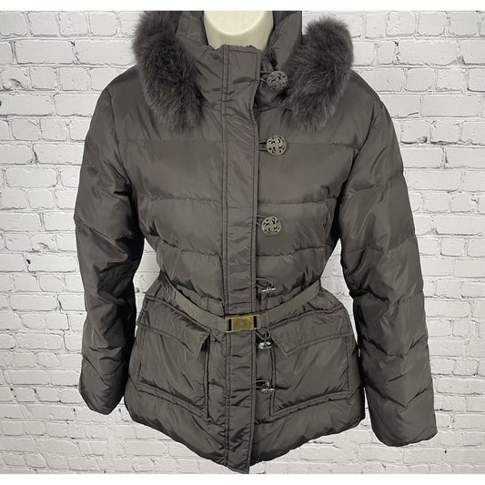 Tahari Brown Puffer Down Filled Genuine Fox Fur Removable Hood Coat Size Large L