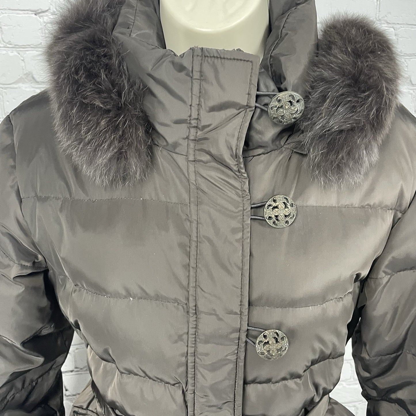 Tahari Brown Puffer Down Filled Genuine Fox Fur Removable Hood Coat Size Large L