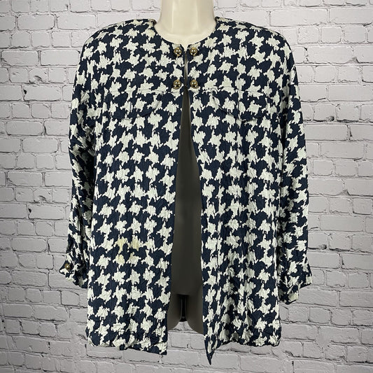 Adele Simpson Blue 100% Silk Long Sleeve Padded Blouse Top Size Large L *stained