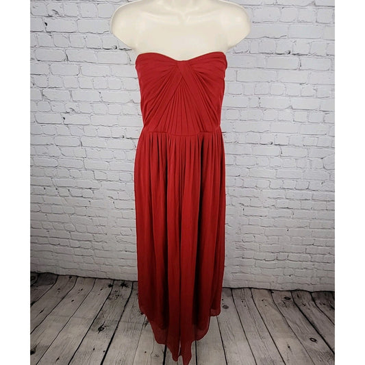 David's Bridal Apple Red Chiffon Empire Waist Pleated Strapless Gown Maxi Dress 18