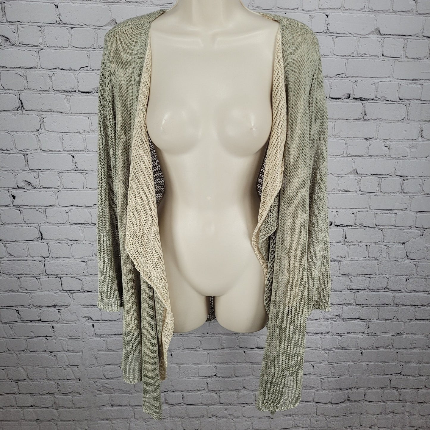 Soft Surroundings Green Beige Fishnet Crochet Boho Open Cardigan Size PL