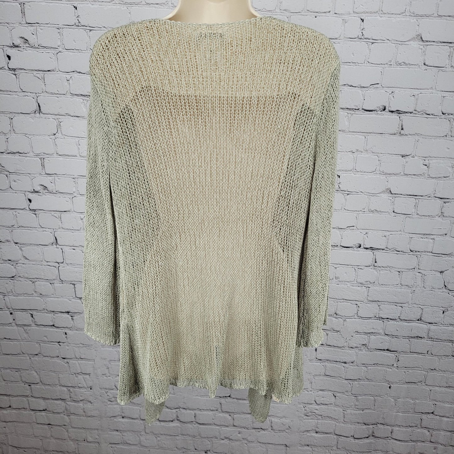 Soft Surroundings Green Beige Fishnet Crochet Boho Open Cardigan Size PL