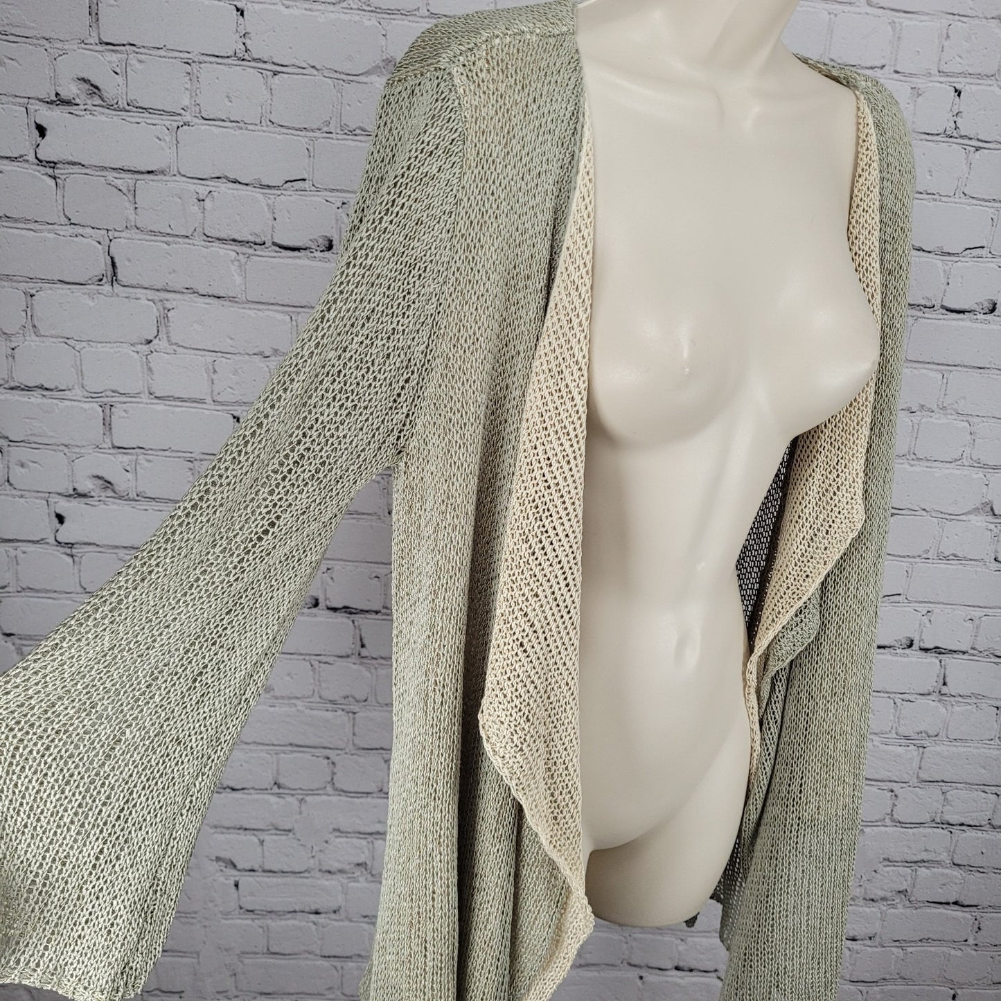 Soft Surroundings Green Beige Fishnet Crochet Boho Open Cardigan Size PL