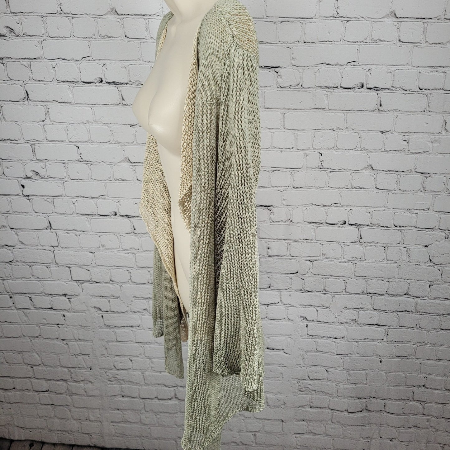 Soft Surroundings Green Beige Fishnet Crochet Boho Open Cardigan Size PL