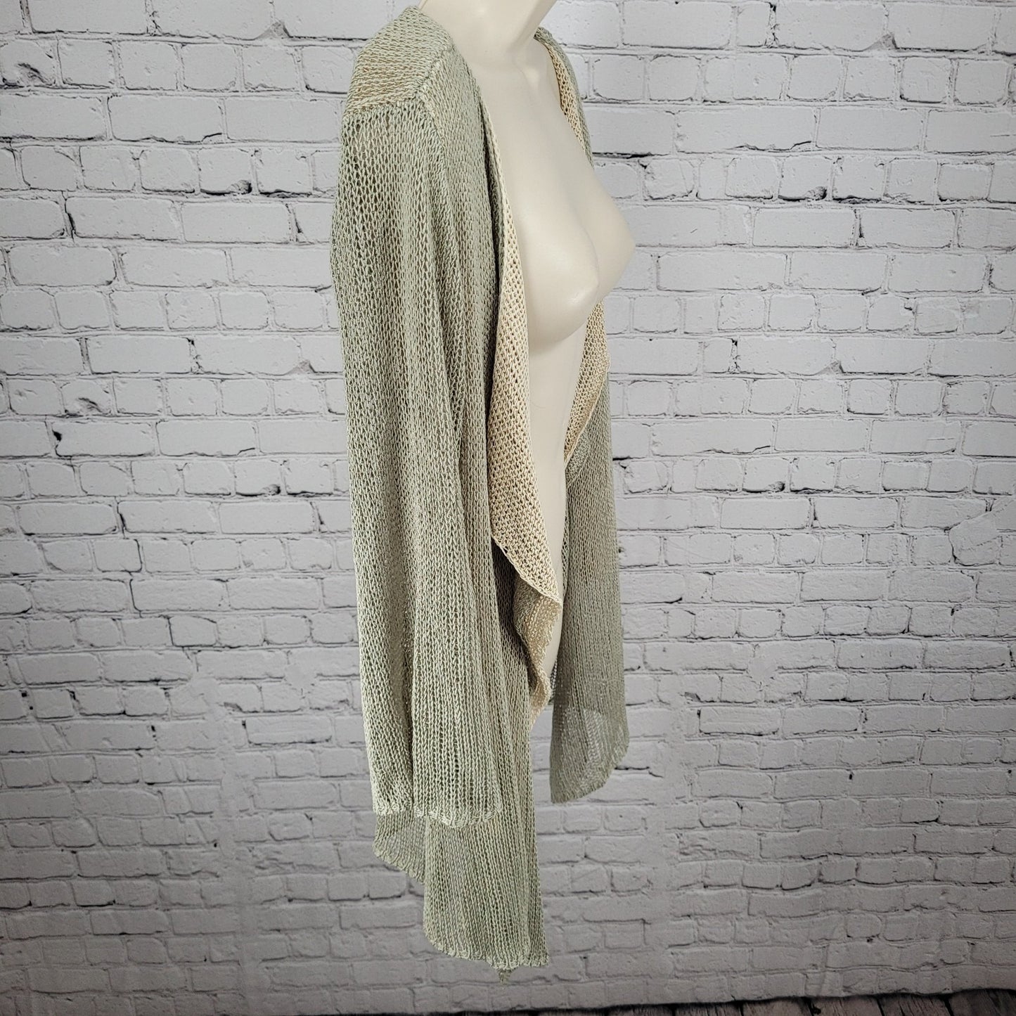 Soft Surroundings Green Beige Fishnet Crochet Boho Open Cardigan Size PL