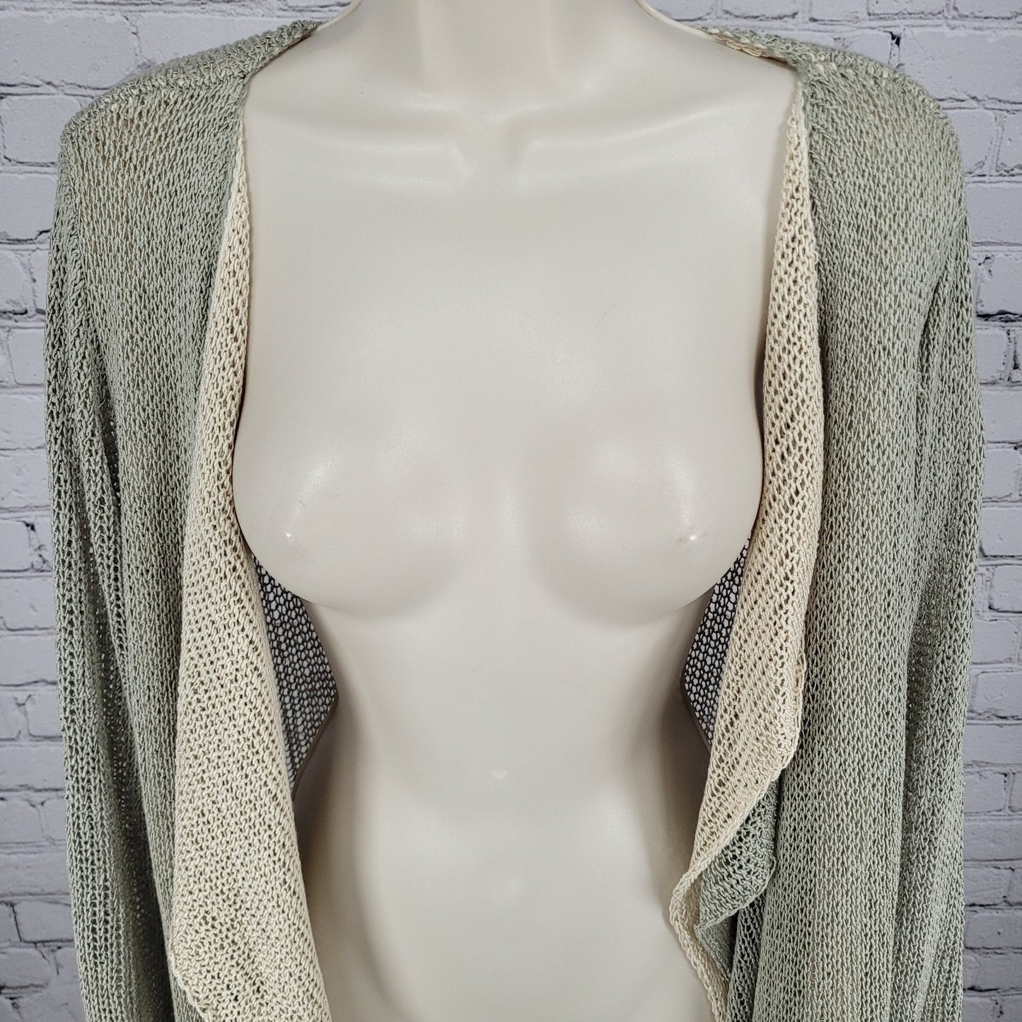 Soft Surroundings Green Beige Fishnet Crochet Boho Open Cardigan Size PL