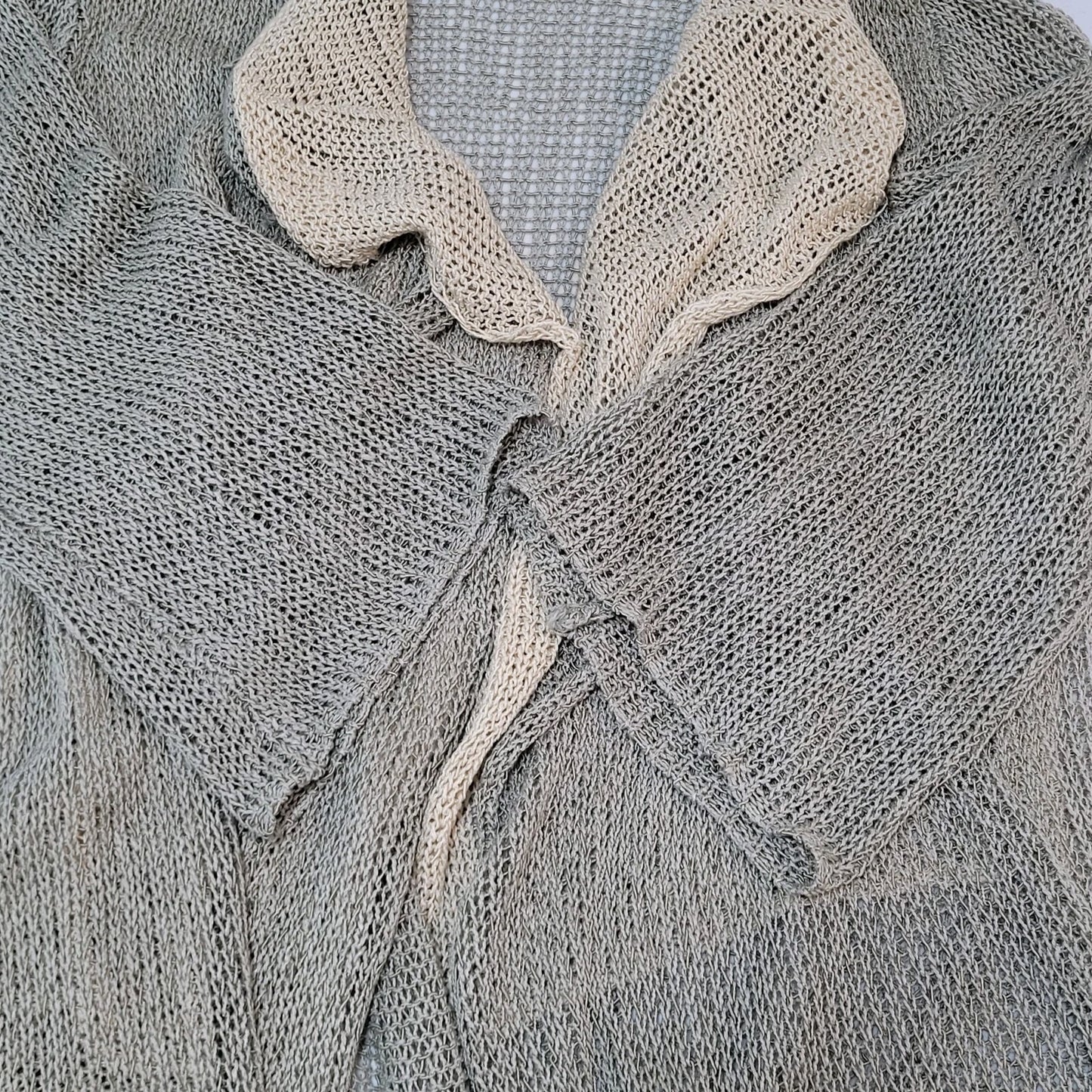 Soft Surroundings Green Beige Fishnet Crochet Boho Open Cardigan Size PL
