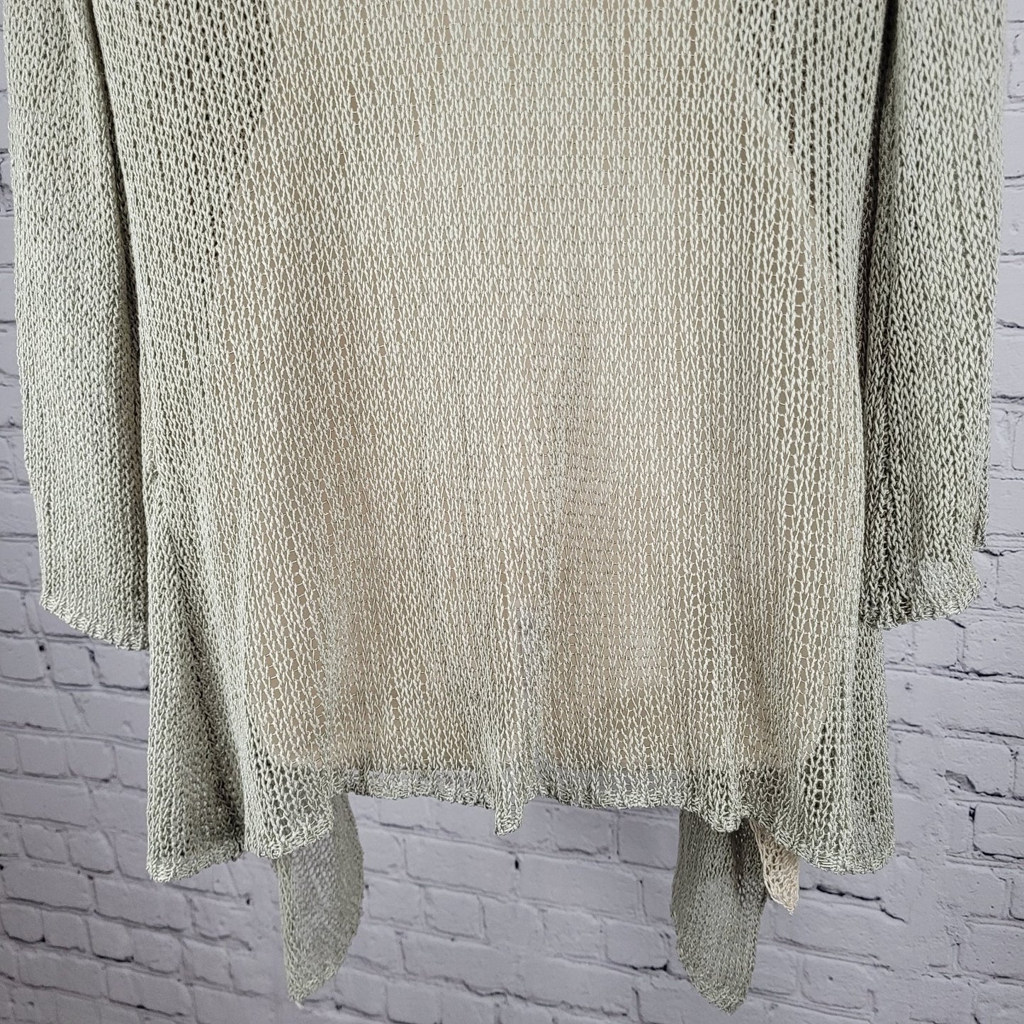 Soft Surroundings Green Beige Fishnet Crochet Boho Open Cardigan Size PL