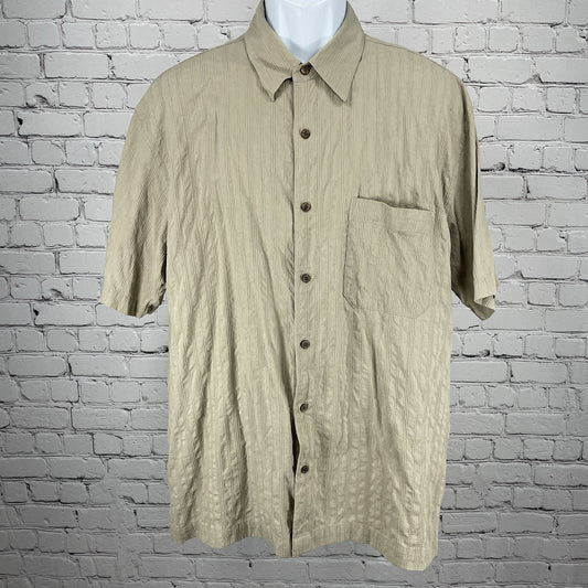 Kaid Beige Tan 100% Silk Textured Stripe Easy Care Button Up Shirt Size Medium M