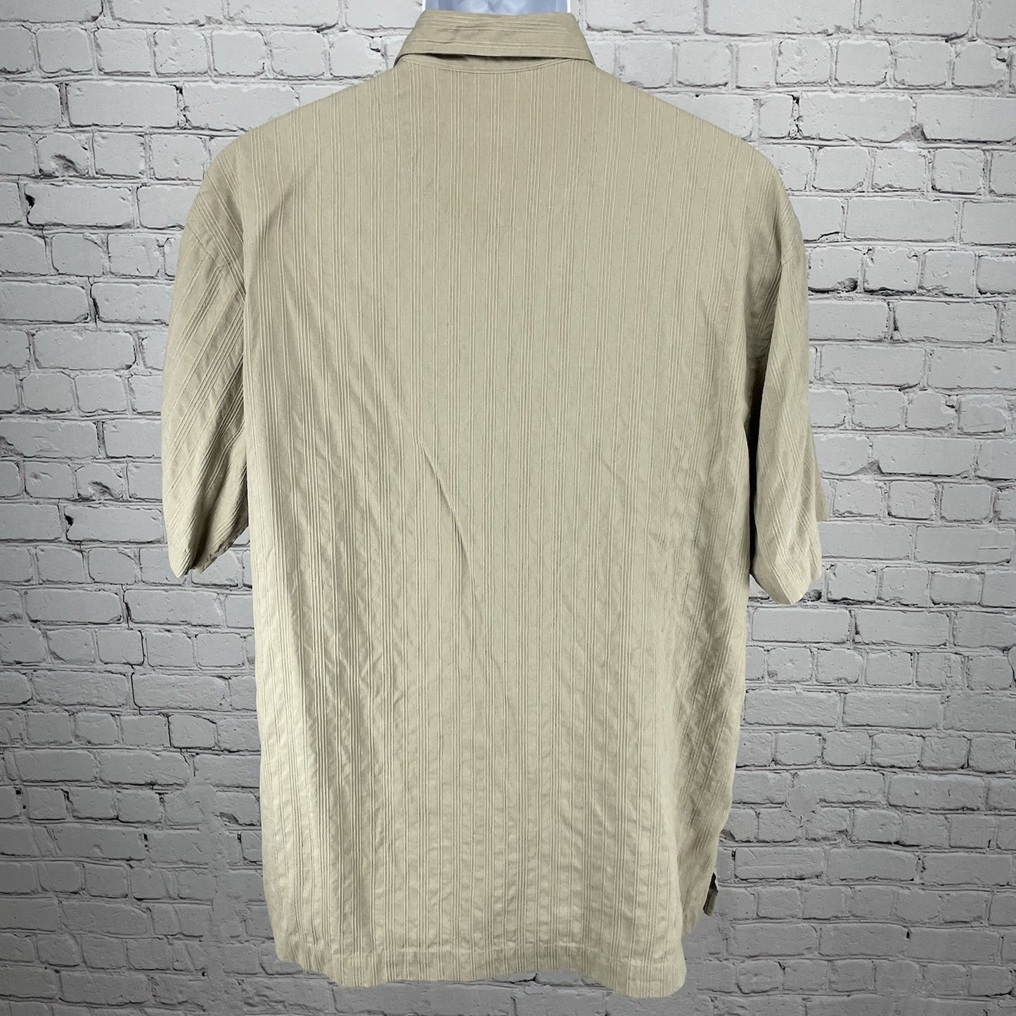 Kaid Beige Tan 100% Silk Textured Stripe Easy Care Button Up Shirt Size Medium M