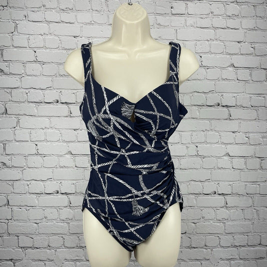 Miraclesuit Blue Print One Piece Swimsuit Padded Lined Full Coverage Size S/M*