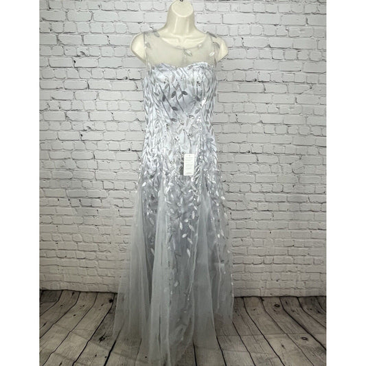 NWT Gem Grace Silver Gray A Line Maxi Dress Gown Embroidery Sequin Padded Size 6