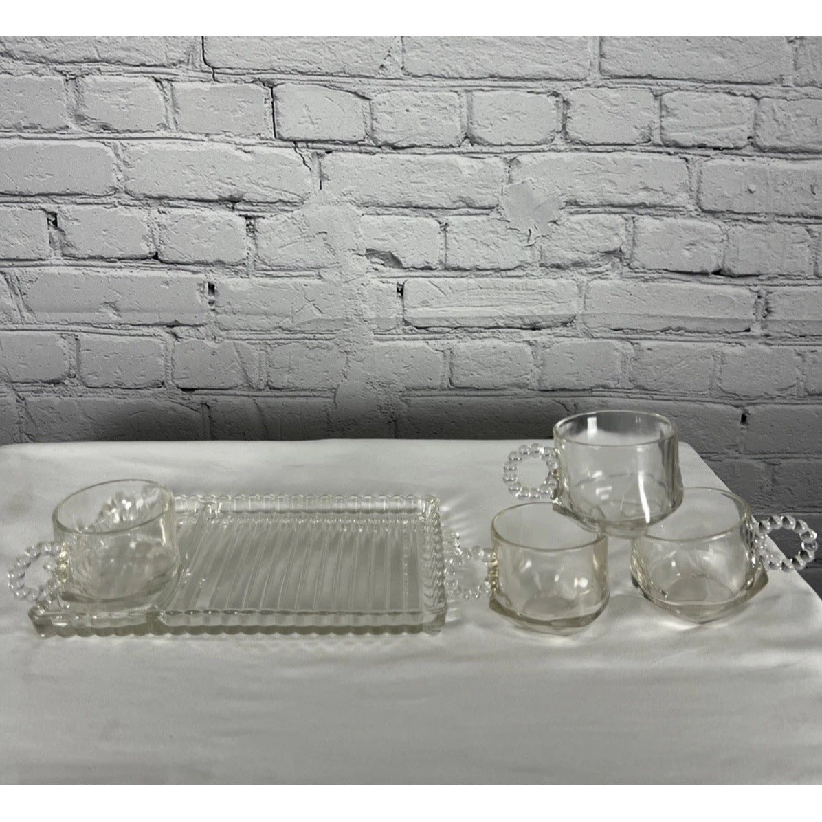 VTG Hazel-Atlas Orchard Crystal Party Set Snack Sip Smoke Cup Tray Set Of 5
