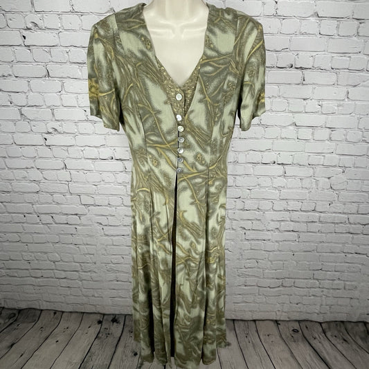 VTG Betsey’s Things Green Floral Buttoned Padded Short Sleeve Midi Dress Size 8