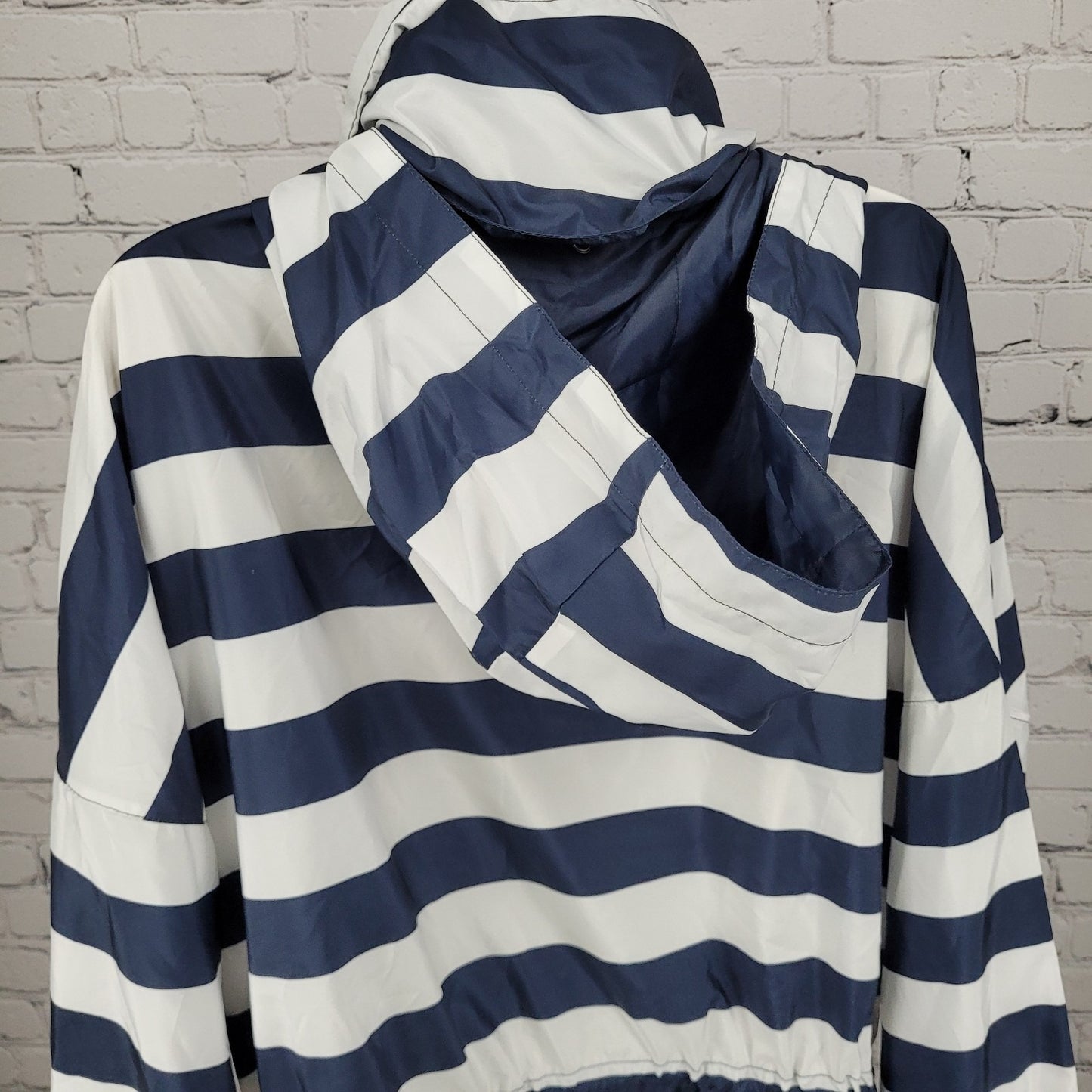 Zara Navy White Boxy Hideable Hood Lightweight Windbreaker Jacket Size Large L