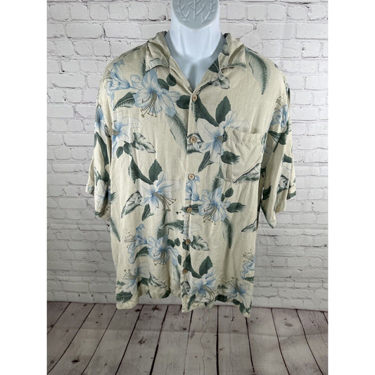 Bermuda Bay 100% Silk Hawaiian Tropical Button Front Shirt Short Sleeves Mens L
