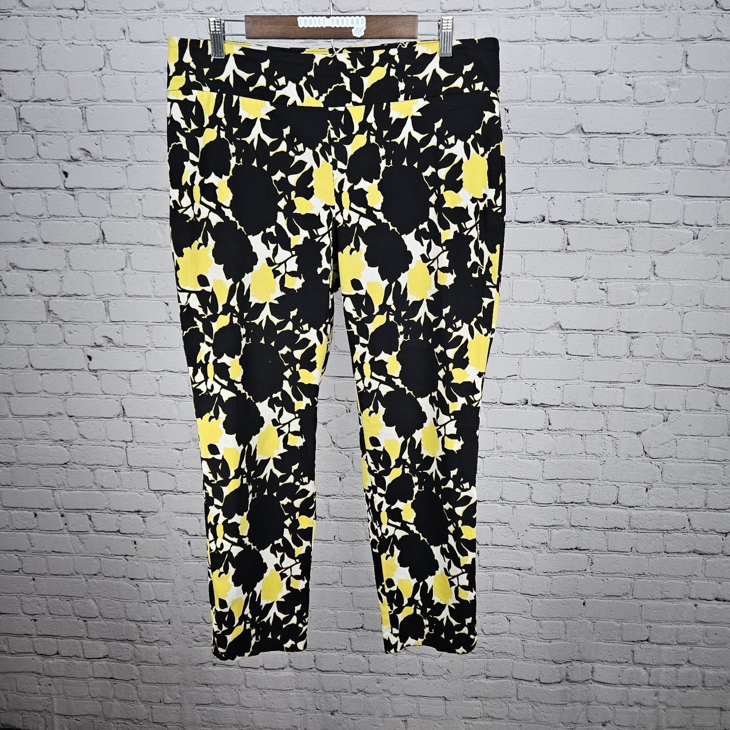 Soft Surroundings Black White Yellow Floral Mid Rise Pull On Pants Large (35x28)
