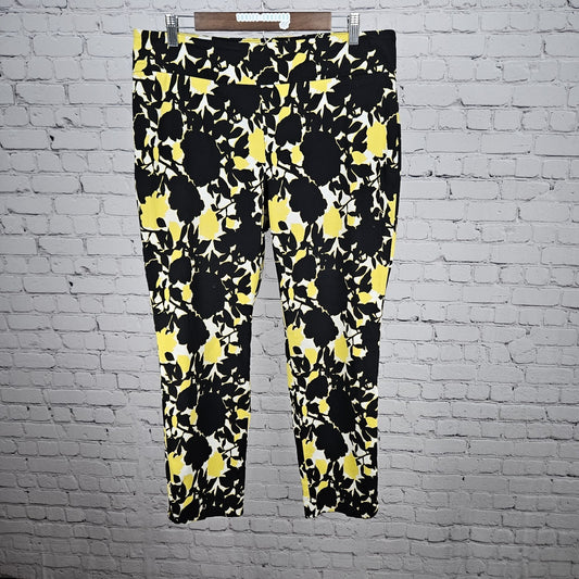 Soft Surroundings Black White Yellow Floral Mid Rise Pull On Pants Large (35x28)