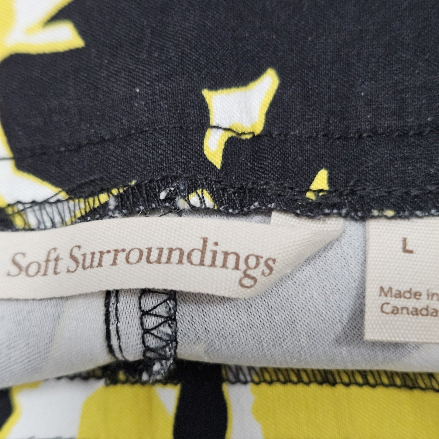 Soft Surroundings Black White Yellow Floral Mid Rise Pull On Pants Large (35x28)