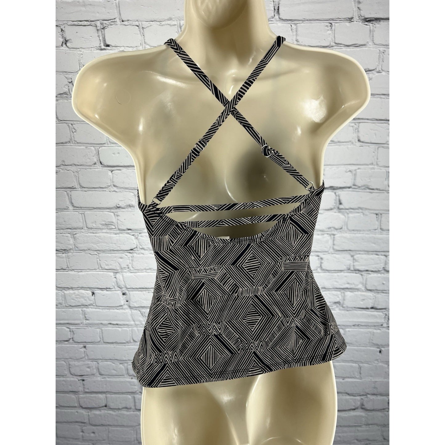 Garnet Hill Tan Black Tankini Strappy Swim Top Backless Lightly Padded Lined 02