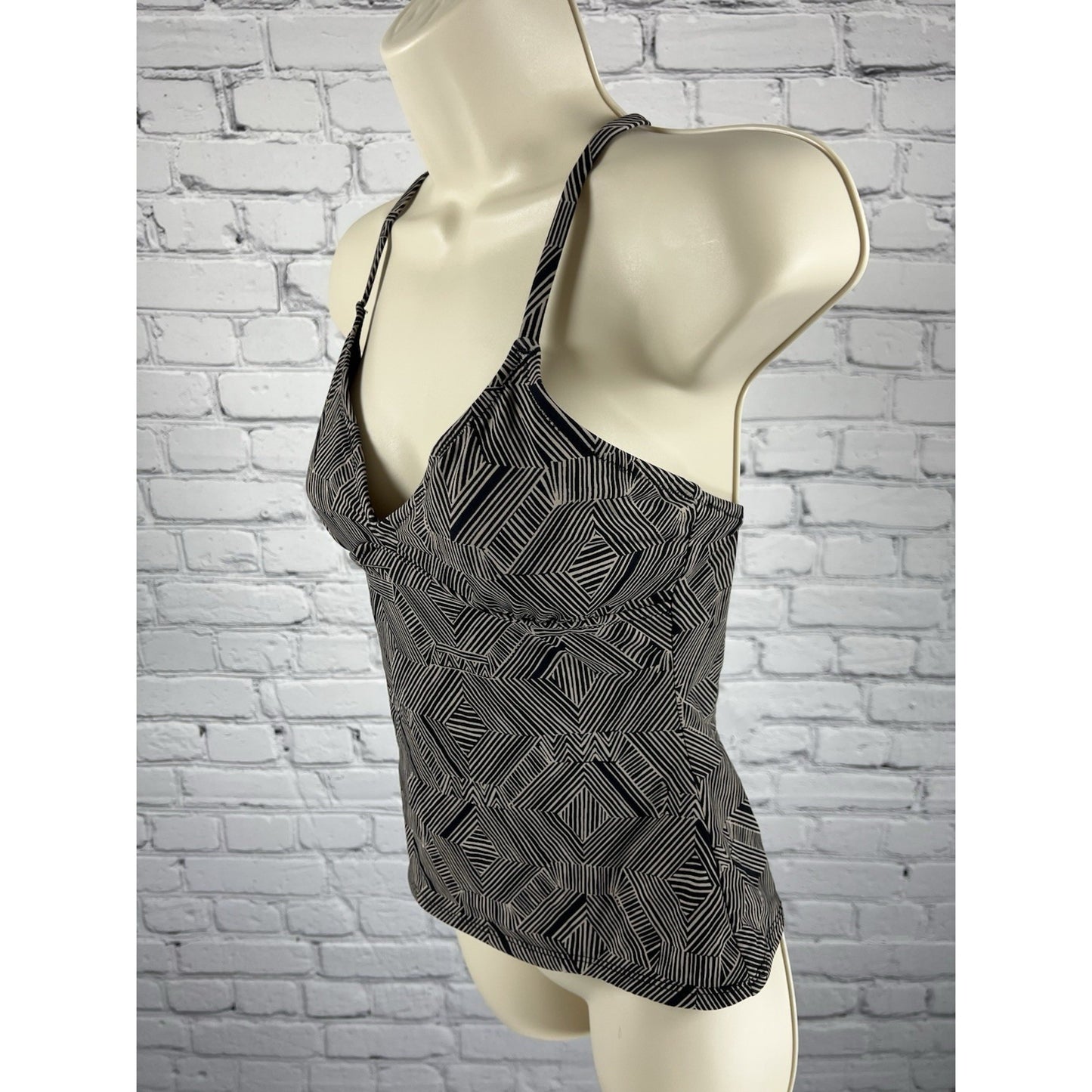Garnet Hill Tan Black Tankini Strappy Swim Top Backless Lightly Padded Lined 02