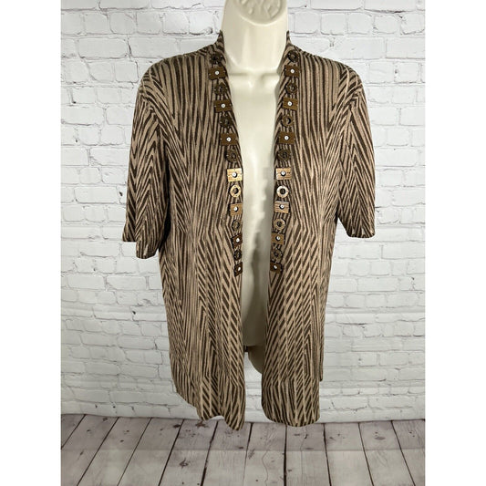 Chicos Chunky Beaded Short Sleeve Brown Striped Knit Cardigan Women’s M