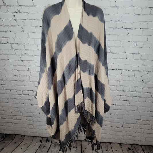 Ketzali Beige & Grey Handmade Cotton Knit  Open Wrap Poncho Cardigan O/S