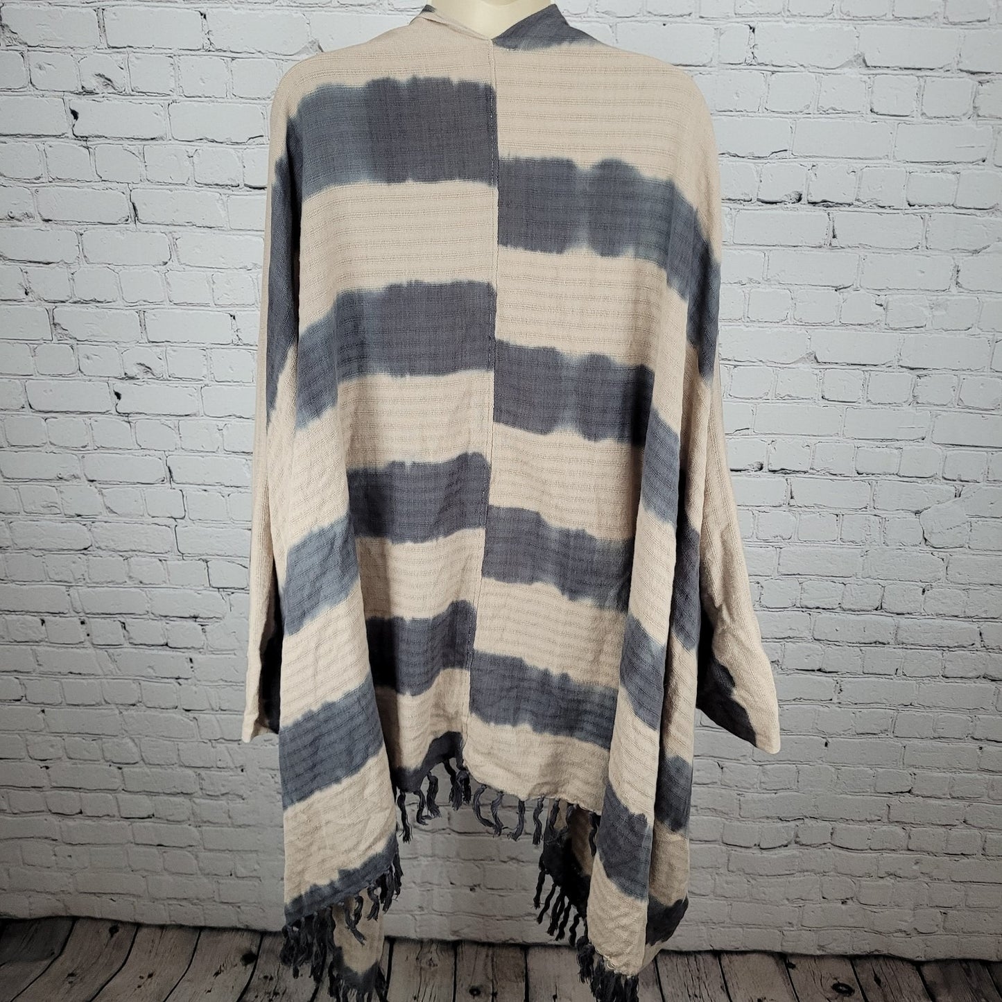Ketzali Beige & Grey Handmade Cotton Knit  Open Wrap Poncho Cardigan O/S